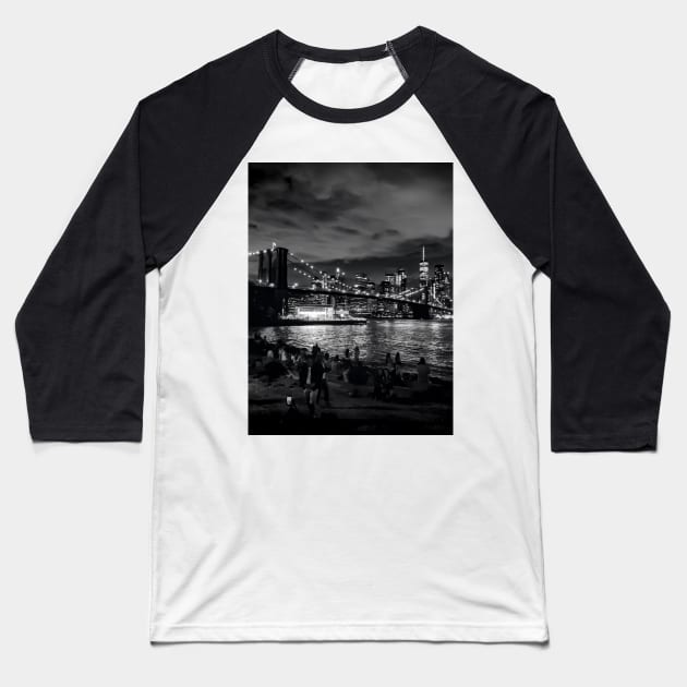 Manhattan Skyline & Brooklyn Bridge by Night - New York City Baseball T-Shirt by eleonoraingrid